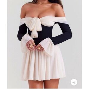 House of CB Alana Small Mini Dress Black Cream Good Off Shoulder Tie Front